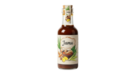 A bottle of Jamu tonic showcases the herbal beverage with artistic label and cork stopper detail.