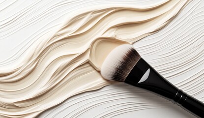 Creamy beige makeup product swirled, brush placed