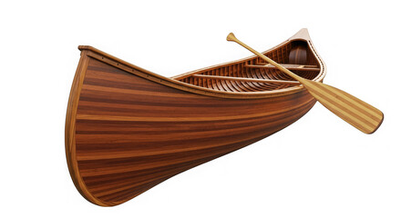 A meticulously crafted wooden canoe with paddle shows elegant design and artisanal woodwork detail.