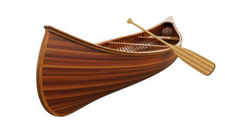 A meticulously crafted wooden canoe with paddle shows elegant design and artisanal woodwork detail.