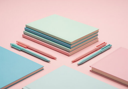Stack of Notebooks and Pens in Pastel Flatlay Style &ndash; Stylish Stationery Background for Planners, Studygram, Lifestyle Brands, Online Courses, and Minimalist Productivity Content