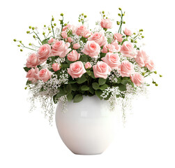Beautiful pink roses and white daisies in an elegant vase, with hanging ivy vines. A wedding flower bouquet with a transparent background.