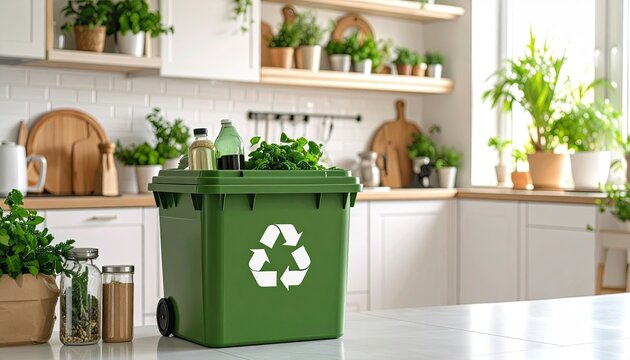 Eco-Friendly Kitchen Recycling Bin Filled with Organic Waste and Fresh Produce
