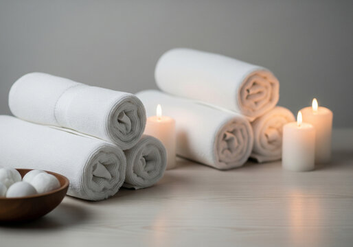 Folded Towels and Candles in Spa Setup with Soft Ambient Lighting &ndash; Relaxing Wellness Scene for Skincare Brands, Massage Therapy, Hotel Spas, and Tranquility Concepts