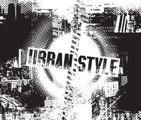 Abstract vector banner on the theme of urbanism, street art, digital technology and photo studios against the background of the architecture of a city, pixels.T-shirt design, poster. No AI used