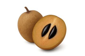 Ripe sapodilla fruit cut in half revealing two black seeds, isolated on a transparent background