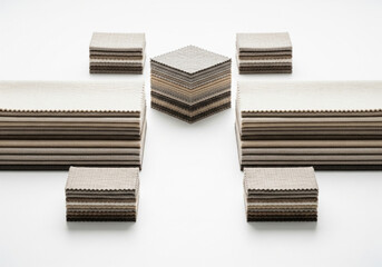 Neutral Fabric Swatches Arranged Symmetrically – Minimalist Textile Flat Lay for Interior Design, Fashion Portfolios, Branding Mockups, and Elegant Material Concepts