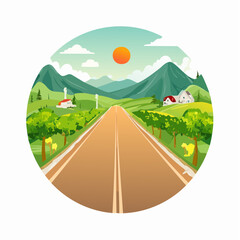 Scenic countryside road winding through lush green hills, towards distant mountains under a bright sun.