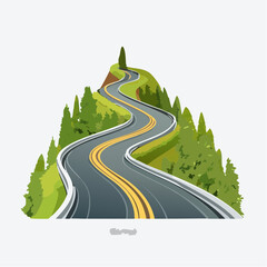Winding road ascends a lush green hill, surrounded by trees, a picturesque illustration of a scenic mountain pass.