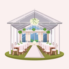 Obraz premium An illustration of an elegant wedding reception tent with tables and decorations.