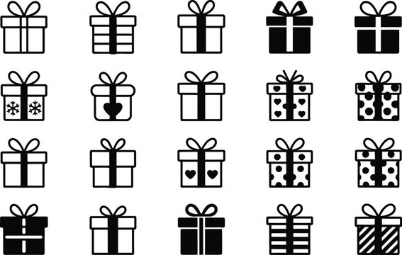 Array of varied black and white gift box icons on a light background