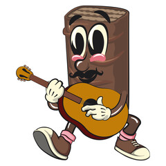 chocolate wafer cartoon mascot with moustache playing guitar, high-resolution isolated vector snack character illustration, perfect for dessert branding, or educational materials, work of hand drawn