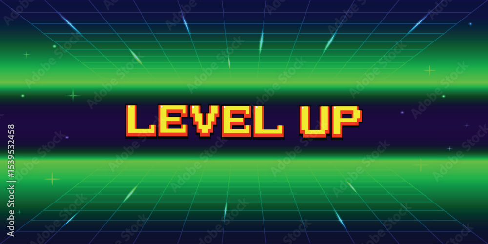 Aufkleber level up icon pixel art. 8 bit game. retro game. retro futurism sci-fi background. glowing neon grid