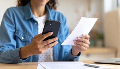 Close-up of woman holding smartphone and paper document, scanning or reading invoice. Modern digital finance and remote work concept.