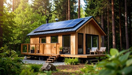 Modern Tiny House with Solar Panels in Forest at Sunrise