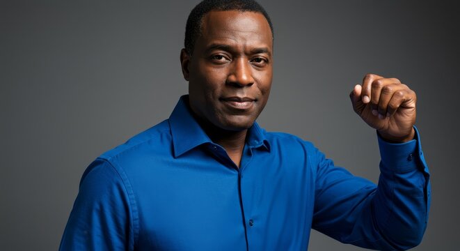 Confident Businessman Portrait Sapphire Blue Shirt Gray Background - A powerful symbolizing success, confidence, leadership, ambition, and achievement.