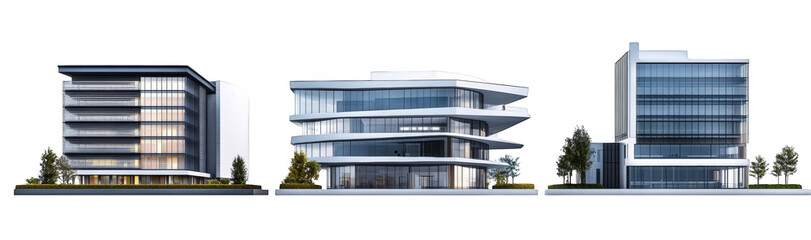 Contemporary Office Buildings Isolated Front Elevation on White Background