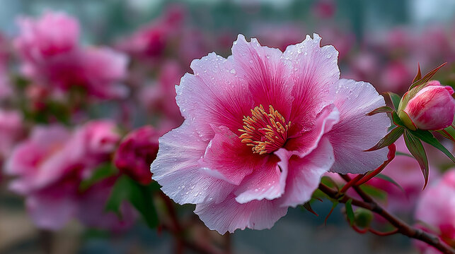 Macro dewy pink peony with layered petals and golden stamens against soft-focused blossom backdrop, embodying imperial elegance and floral prosperity for luxury gift packaging, skincare campaigns, wed