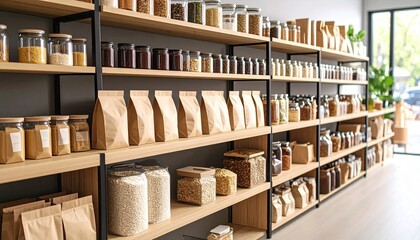 Zero-Waste Grocery Store Shelf with Bulk Bins, Paper Bags, and Glass Jars