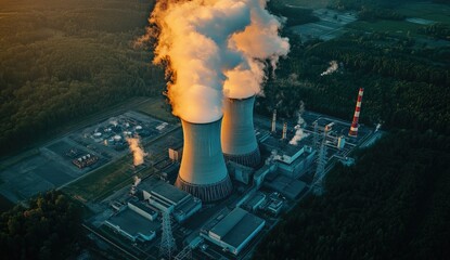 Aerial view of a power plant with tall cooling towers emitting smoke, surrounded by forest at sunset