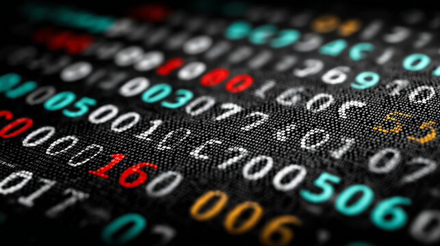 Digital matrix background with flowing binary/hexadecimal codes in red, green, blue, yellow on black, symbolizing data encryption and cyber complexity for cybersecurity promotions, coding tutorials, s - Powered by Adobe