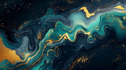 Luxurious Abstract Background with Teal and Gold Marble Effect Painting