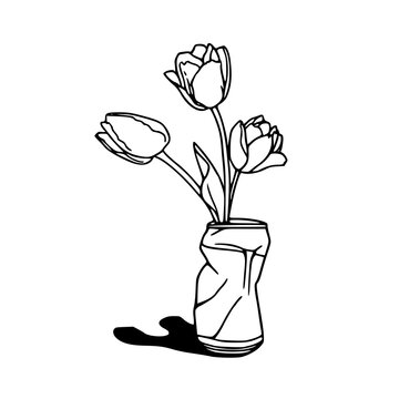 tulips in crushed can vase illustration