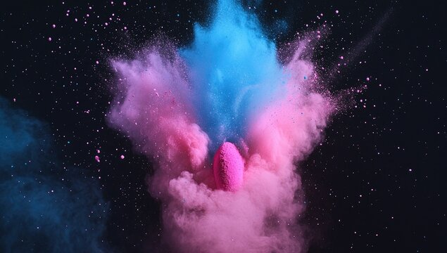 Pink and blue powder explosion surrounds a vibrant pink object