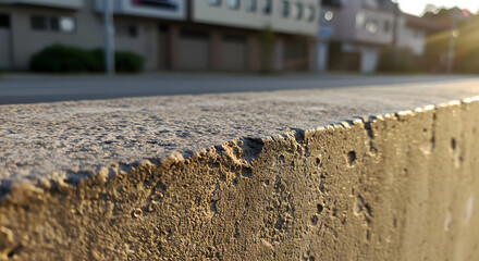 Close-up of a weathered concrete curb with buildings and a street visible in the blurred background.