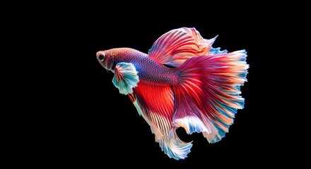 Vibrant Siamese Fighting Fish - A colorful Siamese fighting fish with red, pink, blue, and white fins, isolated on a black background