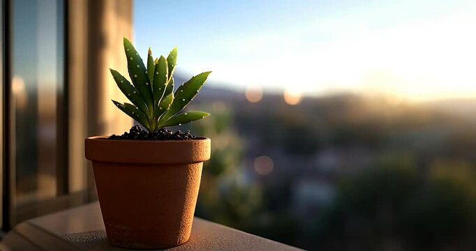 Small succulent plant in terracotta pot on windowsill, sunset view, warm light