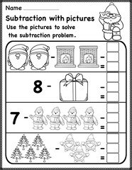 Christmas Subtraction counting back , math activity for kids,  within ten