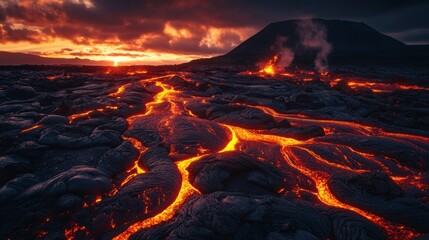 Molten lava flows across a volcanic landscape at sunset.