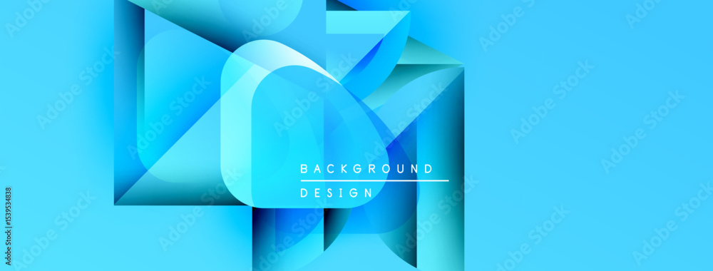 Poster Abstract blue shapes overlap, creating dynamic visual effect. Modern design elements suggest technology, innovation. Background features gradients, text.