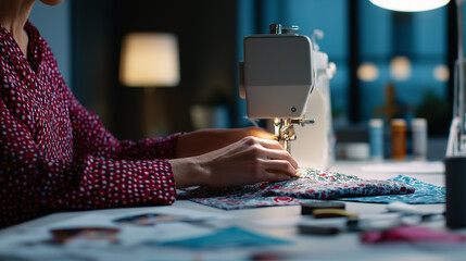 Close-up of a person sewing colorful fabric on a sewing machine in a cozy, well-lit workspace.
