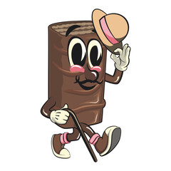 chocolate wafer cartoon mascot carrying a stick and saluting with raised hat, high-resolution isolated vector snack character illustration, perfect for dessert branding, work of hand drawn