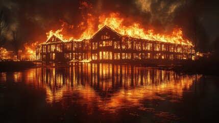 Fototapeta premium Burning building with reflection in water.