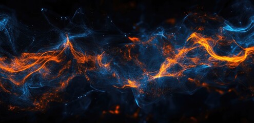 Abstract swirling patterns of orange and blue particles against a dark background
