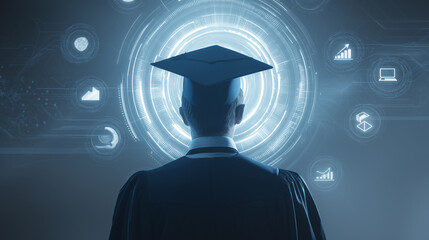 Silhouetted graduate in cap and gown facing futuristic digital interface with education icons.
