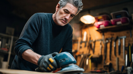 Focused middle-aged man sanding wood with a power tool in a well-equipped workshop.
