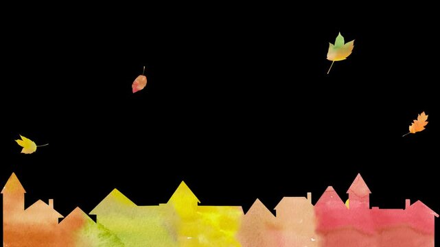 カラフルな落ち葉が舞う華やかな秋の町の風景。水彩画を使用した絵本のような&alpha;付きループアニメーション。