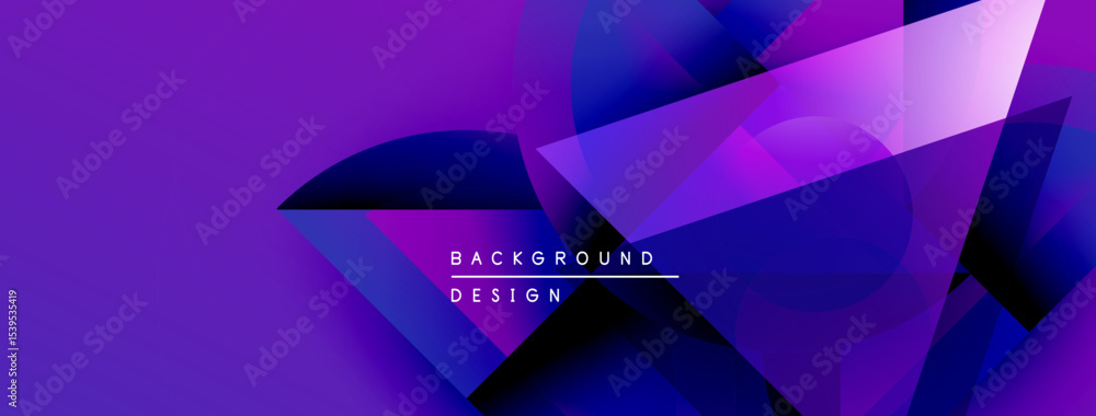 Poster Abstract purple background features geometric shapes, gradients, dynamic composition. Modern design elements create visual interest.