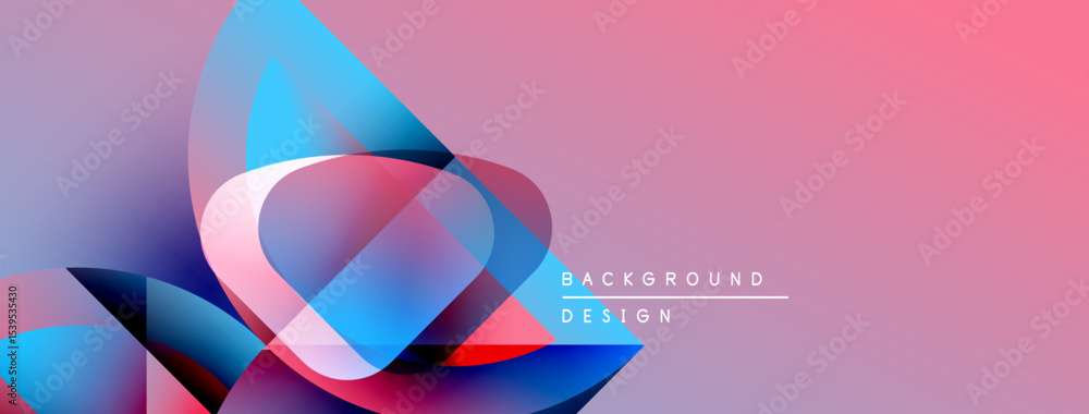 Poster Abstract colorful shapes overlap, creating dynamic visual effect. Pink purple gradient background enhances modern design.