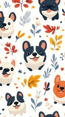 Cute Dog Seamless Pattern French Bulldog Puppy Fall Leaves White Background Illustration