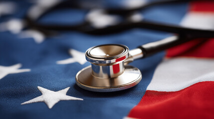 Stethoscope resting on an American flag symbolizing healthcare in the United States.

