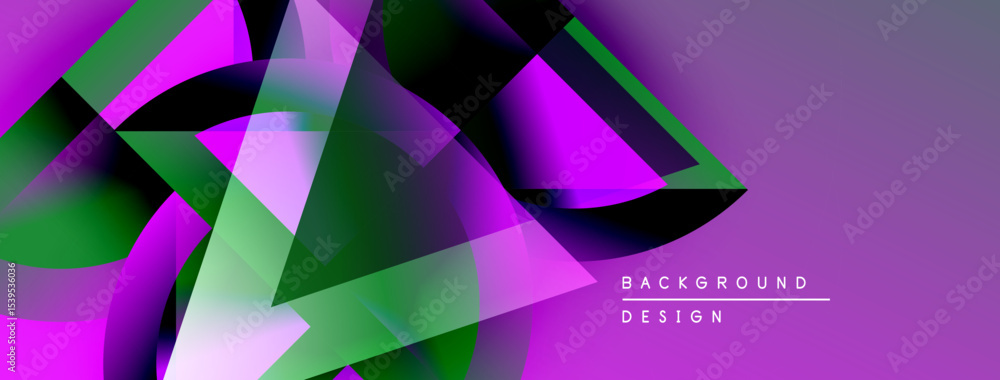 Poster abstract geometric shapes overlap, creating vibrant purple, green gradients. modern design element f