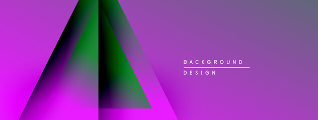 Abstract geometric design. Purple background features overlapping triangular shapes, gradients, text elements. Modern, minimalist aesthetic.