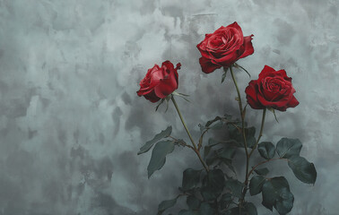 Two red roses isolated on a grey background, with soft lighting 