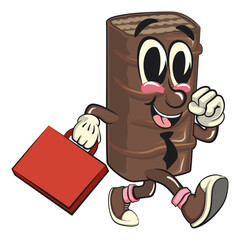 chocolate wafer cartoon mascot with a suitcase rushing to the office, high-resolution isolated vector snack character illustration, perfect for dessert branding, work of hand drawn