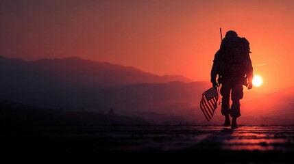Soldier and USA flag on sunrise background .Concept National holidays , Flag Day, Veterans Day, Memorial Day, Independence Day, Patriot Day. High quality